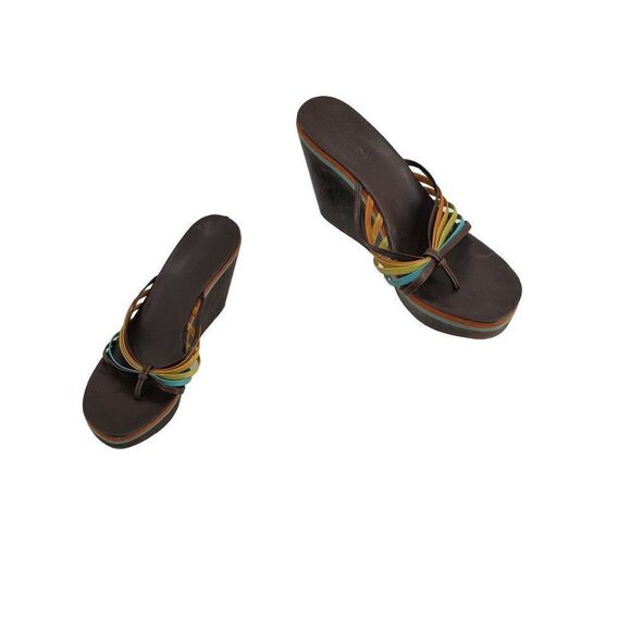 Vintage 90s BCBG Platform Wedge Sandals 9 Rainbow Strappy Wood Hippie Pride - Picture 11 of 11